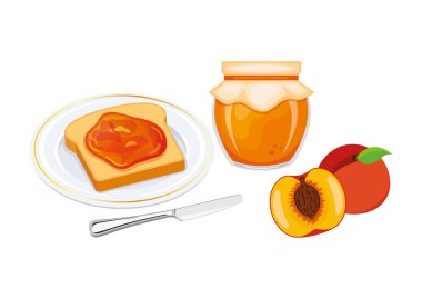 Şeftali reçeli resimli kızarmış ekmek. Tabakta tost ve şeftalili reçelli kahvaltı. Şeftalili reçel kavanozu ve beyaz arka planda bir dilim ekmek ikonu.