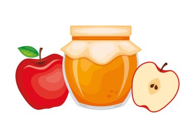 Cam kavanozda elma reçeli ve taze elma vektör çizimi. Bir bardak elma reçeli tasarımı. Elma reçel kavanozu simgesi beyaz arkaplanda izole edildi