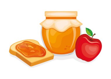 Elma reçeli temsili kızarmış ekmek. Tost ve elma reçeli kahvaltısı yaşam vektörü. Elmalı reçel kavanozu ve beyaz arka planda izole edilmiş ekmek ikonu.