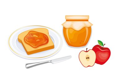 Elma reçeli temsili kızarmış ekmek. Tabakta tost ve elma reçeli kahvaltısı natürmort. Elmalı reçel kavanozu ve beyaz arka planda bir dilim ekmek ikonu.