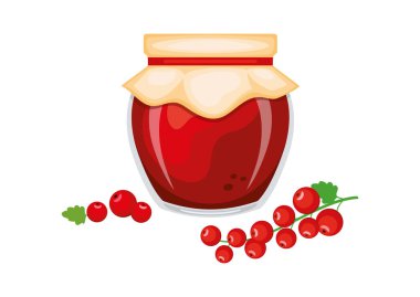 Cam kavanozda kırmızı frenk üzümü reçeli ve taze böğürtlen vektör çizimi. Bir bardak kırmızı frenk üzümü marmelat tasarımı. Frenk üzümü reçel kavanozu simgesi beyaz arkaplanda izole edildi