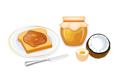 Hindistancevizi reçeli vektör resimli kızarmış ekmek. Tabakta tost, yarım hindistan cevizi, yumurta hala yaşam vektörü. Hindistan cevizli reçel kavanozu ve beyaz arka planda bir dilim ekmek ikonu.