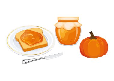 Kabak reçeli resimli kızarmış ekmek. Tabakta tost ve balkabağı reçelli kahvaltı. Balkabaklı reçel kavanozu ve beyaz arka planda bir dilim ekmek ikonu.