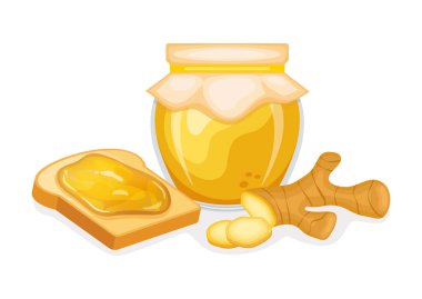 Zencefilli reçel resimli kızarmış ekmek. Kızarmış ekmek ve zencefilli reçelli kahvaltı. Zencefil köklü reçel kavanozu ve beyaz arka planda izole edilmiş bir ekmek ikonu.