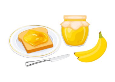 Kızarmış ekmek ve muz reçeli temsili. Tabakta tost ve muz reçelli kahvaltı. Beyaz arka planda muz meyveli reçel kavanozu ve bir dilim ekmek ikonu.