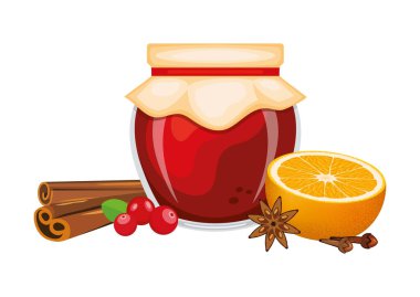 Cam kavanozda noel reçeli, kızılcık, tarçın, portakal ve baharat vektör illüstrasyonu. Bir bardak noel reçel tasarımı. Beyaz arkaplanda izole edilmiş Noel reçel kavanozu simgesi