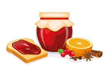 Yılbaşı reçel illüstrasyonlu kızarmış ekmek. Kızılcık, tarçın, portakal ve baharat vektörlü tost ve Noel reçeli. Reçel kavanozu ve bir dilim ekmek simgesi beyaz arkaplanda izole edilmiş.