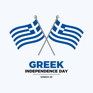 Yunanistan 'ın Bağımsızlık Günü poster çizimi. Gri arka planda izole edilmiş bir kutup ikonu vektöründe iki çapraz Yunan bayrağı. Yunanistan Bayrağı tasarım elementi. Her yıl 25 Mart 'ta. Önemli bir gün.
