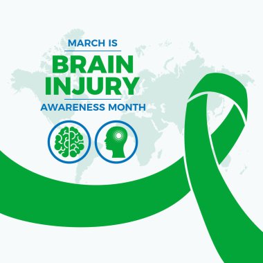 March, Beyin Sakatlığı Bilinci Ay poster illüstrasyonudur. Yeşil farkındalık kurdelesi, insan beyni ve siluet yuvarlak ikon kümesi vektörü. Her yıl Mart