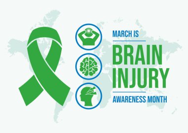 March, Beyin Sakatlığı Bilinci Ay poster illüstrasyonudur. Yeşil farkındalık kurdelesi, insan beyni ve siluet yuvarlak ikon kümesi vektörü. Her yıl Mart