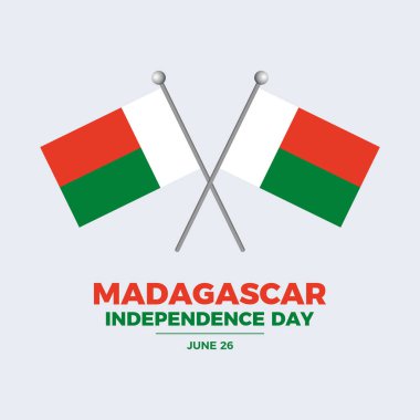 Madagaskar Bağımsızlık Günü poster çizimi. Gri bir arkaplanda izole edilmiş iki Madagaskar bayrağı. Tebrik kartı, poster ve afiş için uygun. Her yıl 26 Haziran 'da. Önemli bir gün.