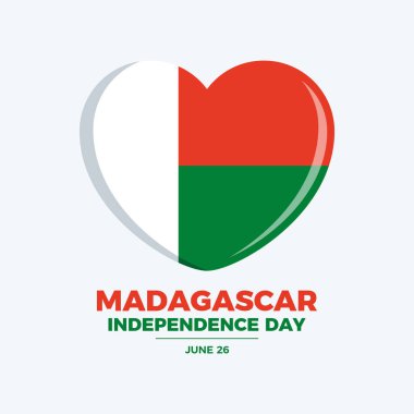 Madagaskar Bağımsızlık Günü poster çizimi. Madagaskar bayrağı kalp şeklindeki ikon vektörü gri bir arkaplanda izole edildi. Tebrik kartı, poster ve afiş için uygun. Her yıl 26 Haziran 'da. Önemli bir gün.