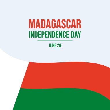 Madagaskar Bağımsızlık Günü poster çizimi. Madagaskar vektörünün soyut dalgalanan bayrağı. Tebrik kartı, poster ve afiş için uygun. Her yıl 26 Haziran 'da. Önemli bir gün.