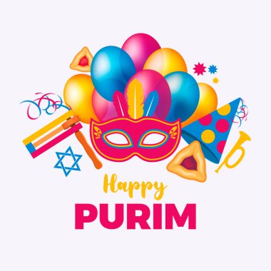 Happy Purim poster with colorful balloons and carnival mask vector illustration. Purim greeting card with grogger, hamantash pastry and confetti vector. Template for background, banner, card. Important day clipart