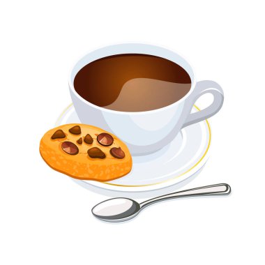 Bir fincan kahve ve çikolatalı kurabiye vektör çizimi. Beyaz fincanda sade kahve ve beyaz arka planda izole edilmiş çikolatalı kurabiye ikonu vektörü. Kahve ve kurabiye çizimi