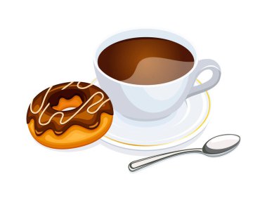 Bir fincan kahve ve çikolatalı çörek vektör çizimi. Beyaz fincanda sade kahve ve beyaz arka planda izole edilmiş çörek ikonu vektörü. Kahve ve çörek çizimi.