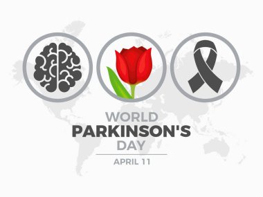 Üzerinde kırmızı lale çizimi olan Dünya Parkinson Günü posteri. Kırmızı lale, gri farkındalık kurdelesi ve insan beyni yuvarlak ikon kümesi vektörü. Kart, geçmiş ve afiş için uygun. Her yıl 11 Nisan 'da. Önemli bir gün.