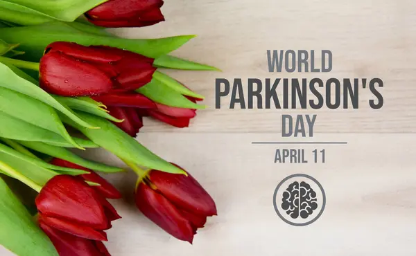 Постер Всесвітнього Дня Паркінсона Фотографіями Червоних Тюльпанів Червона Квітка Тюльпанів — стокове фото