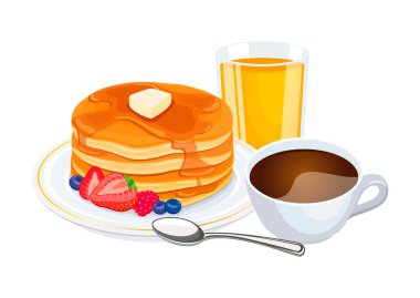 Krep, bir fincan kahve ve portakal suyu, vektör çizimi. Meyve ikonu vektörlü bir fincan kahve ve krep beyaz arka planda izole edilmiş. Tatlı kahvaltı hala hayat