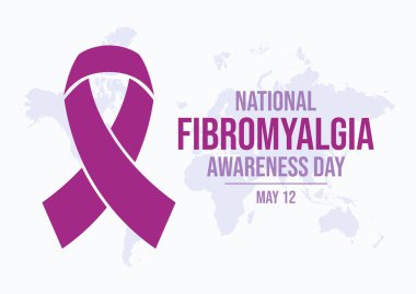 Ulusal Fibromiyalji Farkındalık Günü poster illüstrasyonu. Mor farkındalık kurdelesi ve dünya haritası ikon vektörü. Arkaplan, afiş, kart, poster için şablon. Her yıl 12 Mayıs. Önemli bir gün.