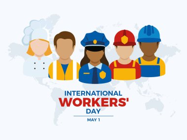 Uluslararası İşçi Günü posteri, erkek ve kadın işçi vektör illüstrasyonuyla. Profesyonel erkek ve kadın işgal ikonu seti. Arkaplan, afiş, kart şablonu. Her yıl 1 Mayıs. Önemli bir gün.