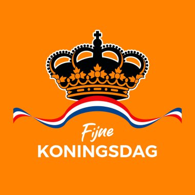 Fijne Koningsdag King 's Day poster illüstrasyonu. Kraliyet tacı ve Hollanda bayraklı kurdele ikonu turuncu arka planda izole edildi. Hollanda bayrak sembolü. Arkaplan, afiş, kart şablonu. 27 Nisan. Önemli bir gün.