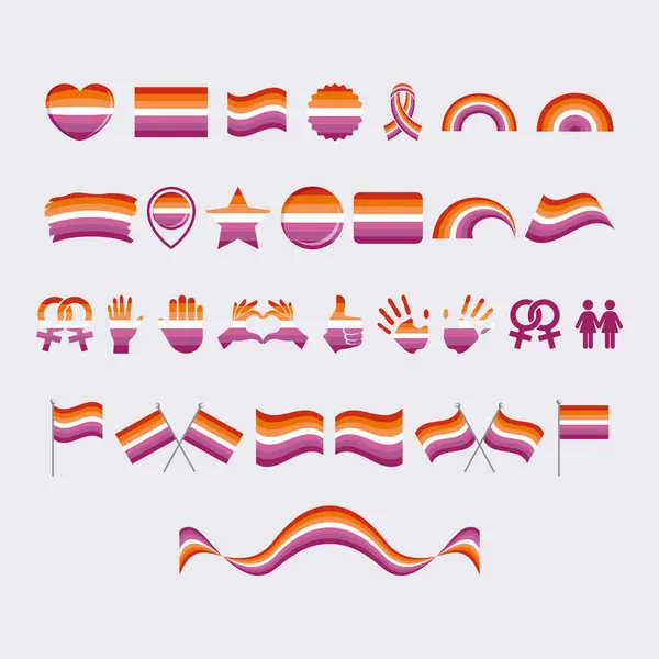Lesbian Pride Bandera Símbolos Muchos Icono Conjunto Vectores Elemento Diseño — Vector de stock