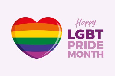 Gökkuşağı kalp vektörü illüstrasyonlu LGBT Onur Ayı posteri. Kalp şekli ikon vektöründe LGBT gurur bayrağı. Arkaplan, afiş, kart şablonu. LGBT aşk sembolü. Önemli bir gün.