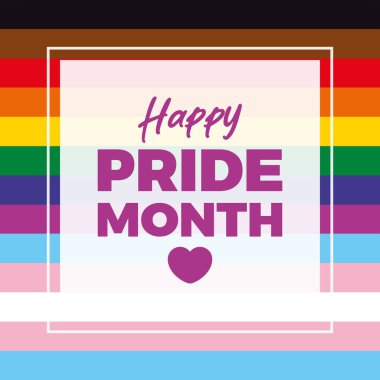 Gökkuşağı bayrağı illüstrasyonlu Mutlu Gurur Ayı posteri. LGBTQ gurur kaynağı kare kare çerçeve çizimi. Arkaplan, afiş, kart şablonu. Lezbiyen, Gay, Biseksüel, Transseksüel ve Eşcinsel Gurur Ayı