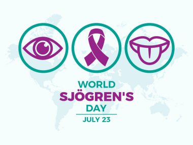 World Sjogren's Day poster vector illustration. Purple awareness ribbon, eye, tongue icon set vector. Template for background, banner, card. July 23 every year. Important day clipart