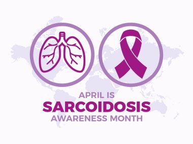 April is Sarcoidosis Awareness Month poster vector illustration. Purple awareness ribbon and human lungs icon vector. Template for background, banner, card. Important day clipart