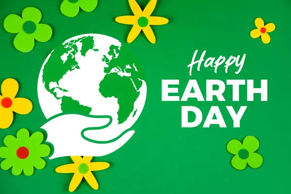 Happy Earth Day poster with hand holding planet earth stock photo images. Environmental protection icon. Template for background, banner, card. April 22 each year. Important day
