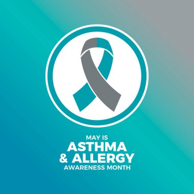 May, Astım ve Alerji Farkındalığı Ayı poster illüstrasyonudur. Teal ve gri farkındalık kurdele ikonu daire şeklinde. Arkaplan, afiş, kart şablonu. Önemli bir gün.