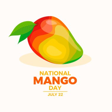 Ulusal Mango Günü poster illüstrasyonu. Renkli mango meyve ikonu vektörü. Tropik meyve çizimi. Arkaplan, afiş, kart şablonu. Her yıl 22 Temmuz 'da. Önemli bir gün.