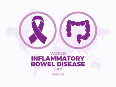 Dünya IBD Günü poster çizimi. Mor Bilinç Kurdelesi sembolü. Arkaplan, afiş, kart şablonu. Her yıl 19 Mayıs 'ta Dünya İltihaplı Bağırsak Hastalıkları Günü. Önemli bir gün.