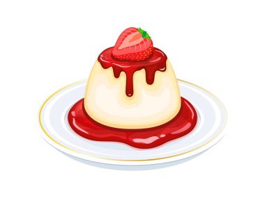 Vanilyalı Panna Cotta çilek soslu vektör çizimi. Beyaz arka planda izole edilmiş bir tabak ikonunda Çilekli Panna Cotta. Jelatin kremalı tatlı çizimi