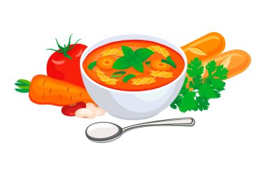 Sebzeli İtalyan sebze çorbası illüstrasyonu. Bir kase sebze çorbası ikonu beyaz arka planda izole edilmiş vektör belirledi. Sebze çorbası, sebze, maydanoz ve ekmek çizimi.