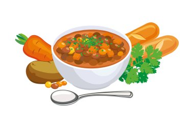 Mercimek çorbası illüstrasyonu. Bir kase mercimek çorbası ikonu beyaz arka planda izole edilmiş vektör belirledi. Mercimek çorbası, sebze, maydanoz ve baget çizimi.