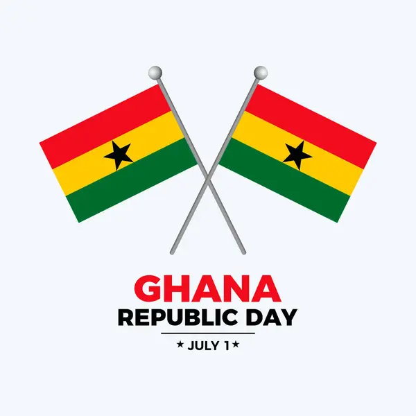 stock vector Ghana Republic Day poster vector illustration. Two crossed Ghanaian flags on a pole icon on a gray background. Flag of Ghana symbol. Template for background, banner, card. July 1 every year. Important day