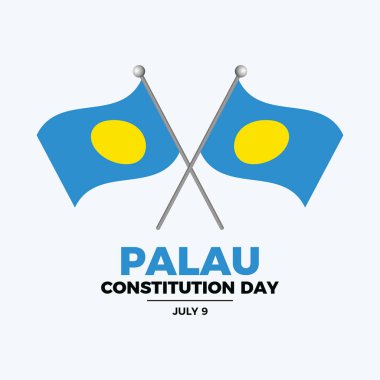 Palau Anayasa Günü poster çizimi. Gri arka planda bir direğin üzerinde iki çapraz Palau bayrağı. Palauan bayrağı sembolü. Arkaplan, afiş, kart şablonu. 9 Temmuz. Önemli bir gün.