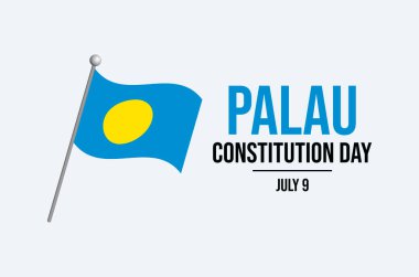 Palau Anayasa Günü poster çizimi. Gri arka planda bir direğin simgesinde Palau bayrağı. Palauan bayrağı sembolü. Arkaplan, afiş, kart şablonu. 9 Temmuz. Önemli bir gün.