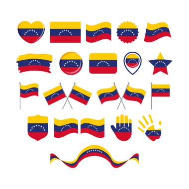 Venezuela bayrak simgesi beyaz bir arkaplanda izole edilmiş vektör belirledi. Venezuela bayrak grafik tasarım elementi. Düz stil Venezuela simgeleri. Venezuela sembolleri koleksiyonu