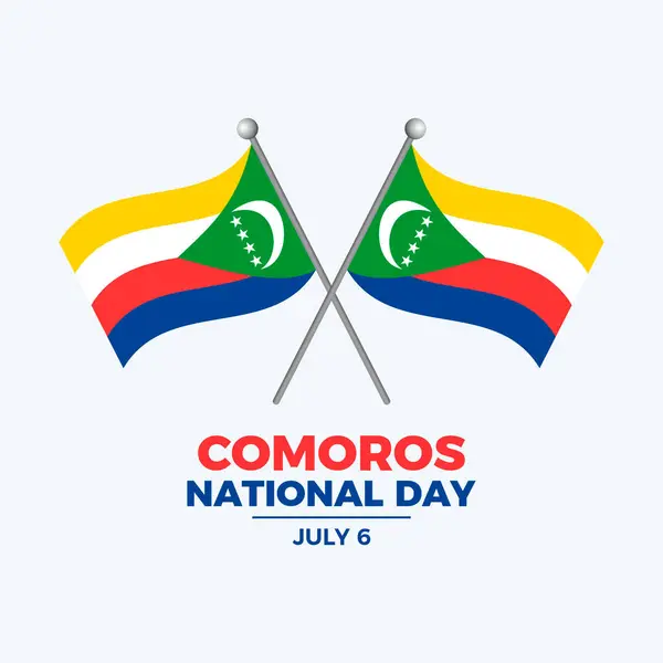 stock vector Comoros National Day poster vector illustration. Two crossed Comoros flags on a pole icon on a gray background. Template for background, banner, card. July 6 every year. Important day