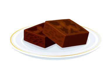 Tabak vektör resimli çikolatalı kek. Beyaz arka planda izole edilmiş bir tabak ikonu vektöründeki browni keki. Çikolata kareli pasta çizimi. Arkaplan, afiş, kart için şablon