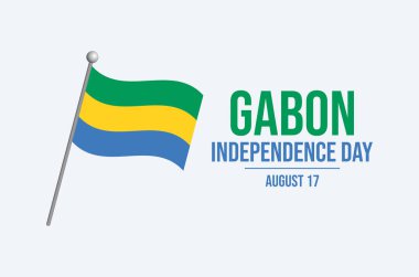 Gabon Bağımsızlık Günü poster çizimi. Gri arka planda bir direğin simgesinde Gabon bayrağı. Gabon bayrağını sallayan sembol. Arkaplan, afiş, kart şablonu. Her yıl 17 Ağustos 'ta. Önemli bir gün.
