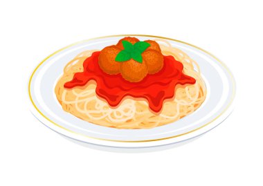 Spagetti ve köfte vektör çizimi. Köfteli spagetti ve beyaz arka planda izole edilmiş domates sosu ikonu. Bir tabak spagetti çizimi. İtalyan-Amerikan makarna yemeği