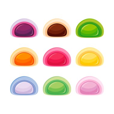 Mochi pirinç keki koleksiyonu vektör illüstrasyonu. Beyaz arka planda izole edilmiş Japon pirinç keki renkli ikon vektörü. Çok renkli mochi kek çizimi.
