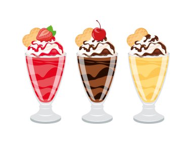 Dondurma çeşitli vektör illüstrasyonları. Çilekli, çikolatalı ve vanilyalı dondurma, krema, krema ve wafer ikonu seti vektörü beyaz arka planda izole edilmiş. Dondurma kabı çizimi