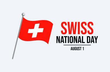 İsviçre Ulusal Günü poster illüstrasyonu. Gri arka planda bir direğe asılı İsviçre bayrağı. İsviçre bayrağını sallayan sembol. Arkaplan, afiş, kart şablonu. 1 Ağustos. Önemli bir gün.