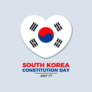 Güney Kore Anayasa Günü poster çizimi. Kalp şeklindeki Güney Kore bayrağı. Güney Kore bayrak aşk sembolü. Arkaplan, afiş, kart şablonu. 17 Temmuz. Önemli bir gün.